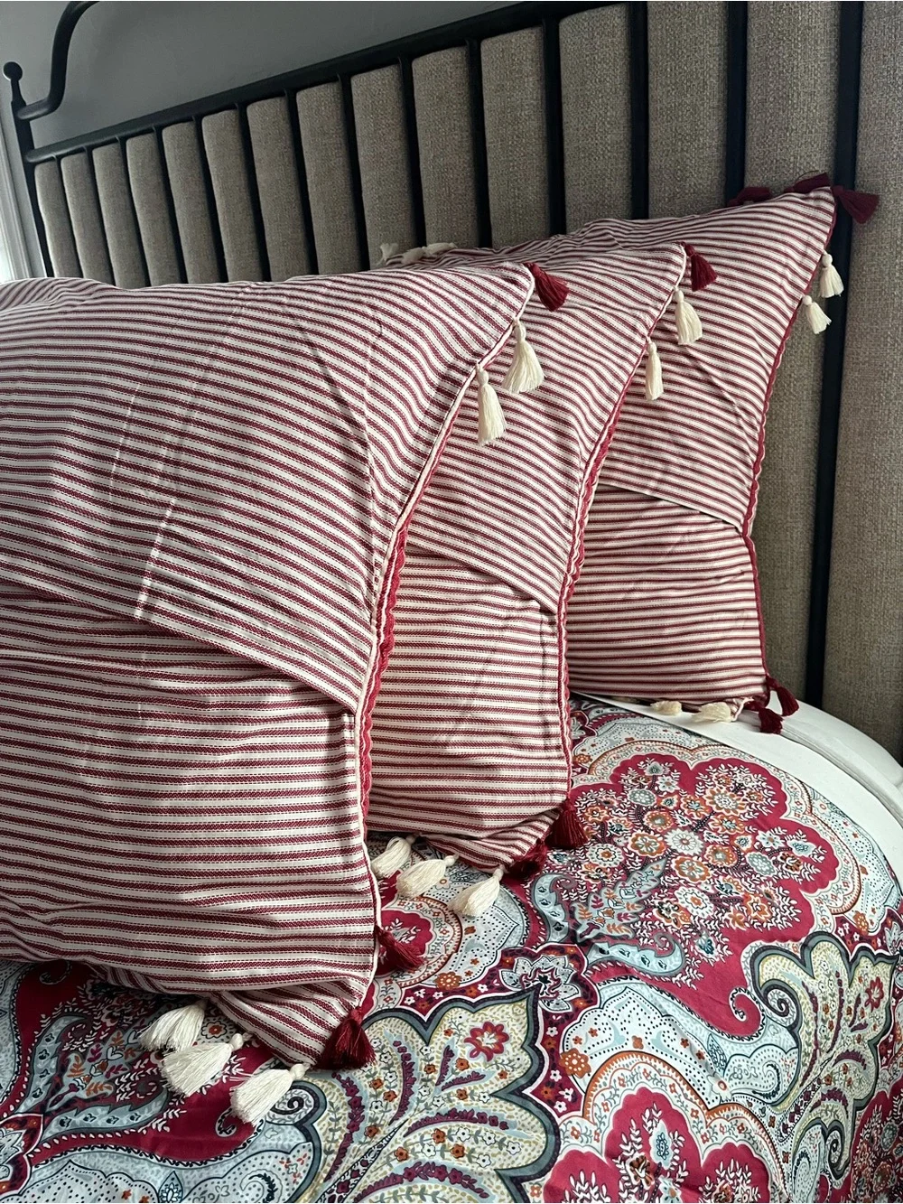 Pottery Barn Nellie Pickstitch Tassel Euro Sham Red Natural Tassel Trim